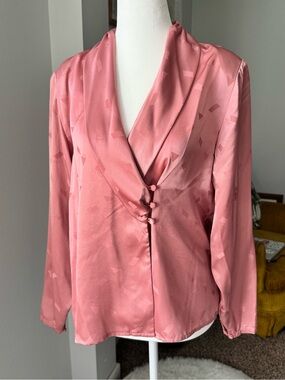 Vintage pink satin wrap blouse unique geometric print coquette size medium